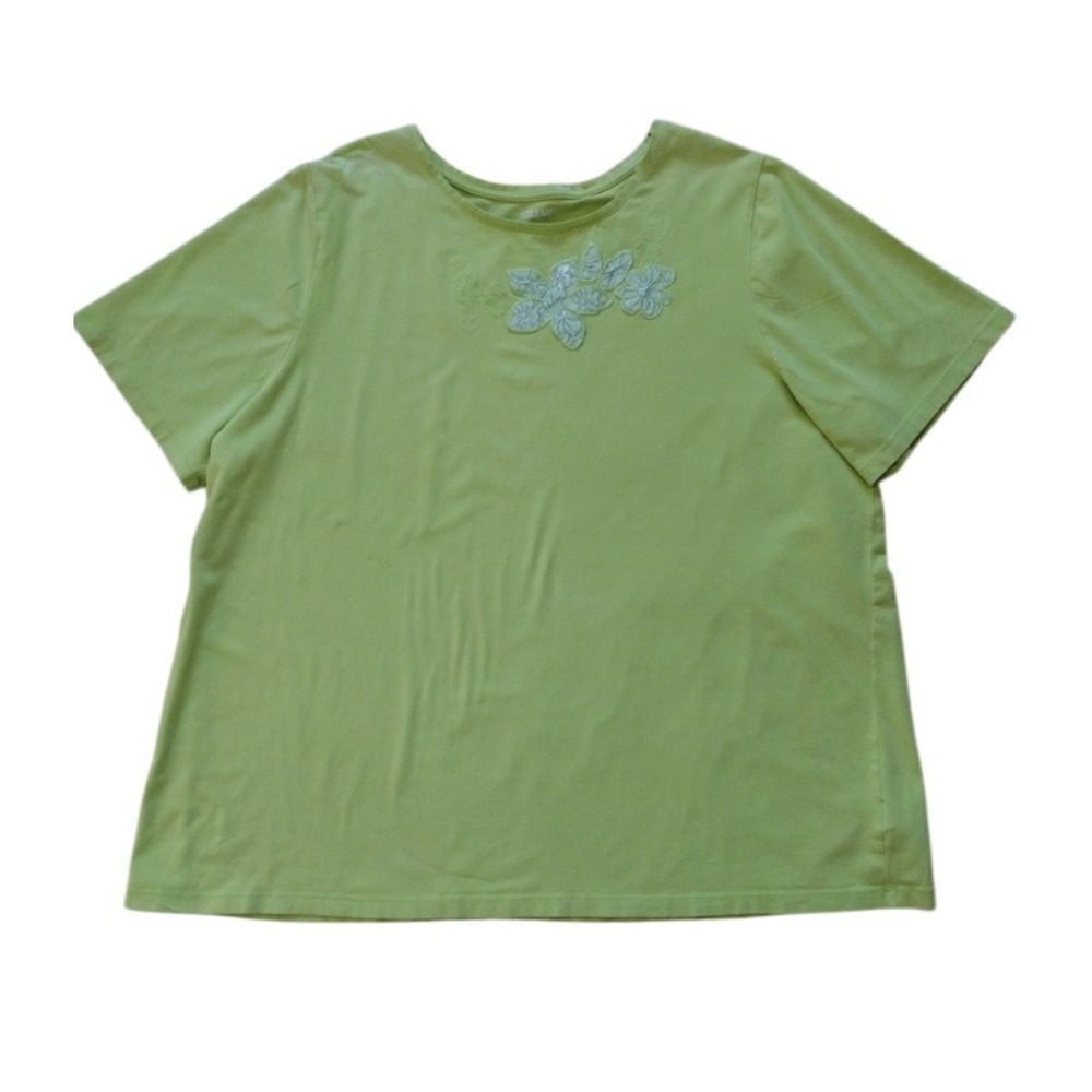 Liz & Me‎ Blouse Woman's 2X 22/24W Lime Green Floral Aplique Short Sleeves Flowy